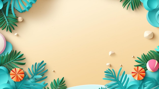 respingo de gota de água na praia de areia com anel de natação de bola folhas tropicais e espaço em branco