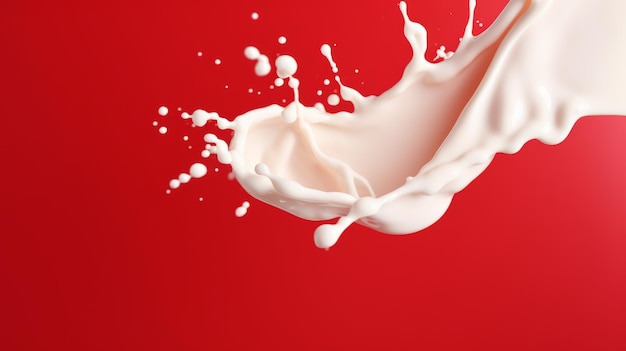 Respingo de leite branco isolado em fundo vermelho Respingo de líquido branco