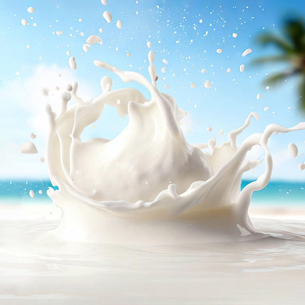 Respingo de leite de coco com um belo fundo de praia
