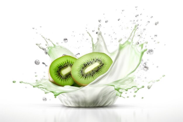 respingo de leite ou iogurte com kiwi isolado no fundo branco