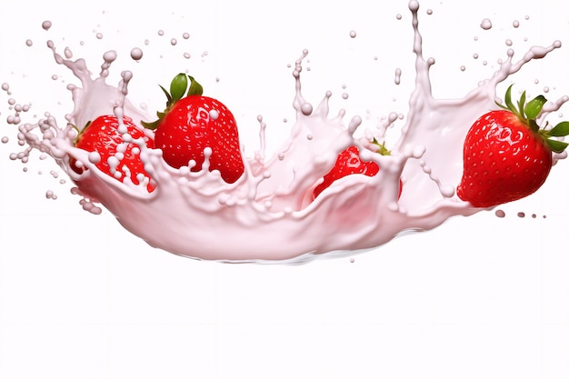 respingo de leite ou iogurte com morangos isolados na renderização 3d de fundo branco