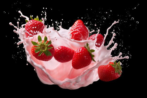 respingo de leite ou iogurte com morangos isolados na renderização 3d de fundo branco