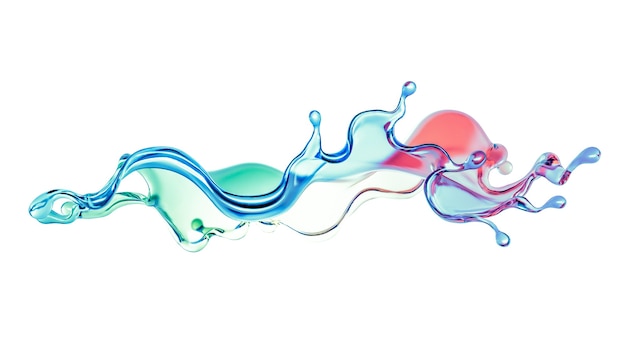 Respingo de líquido transparente de cor de arco-íris em um fundo branco. Ilustração 3D, renderização em 3D.