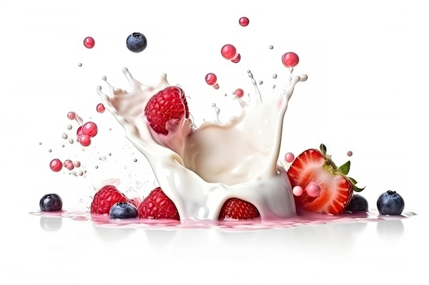 Respingo de smoothie de leite de morangos e bagas isolado no iogurte de fundo branco Generative AI