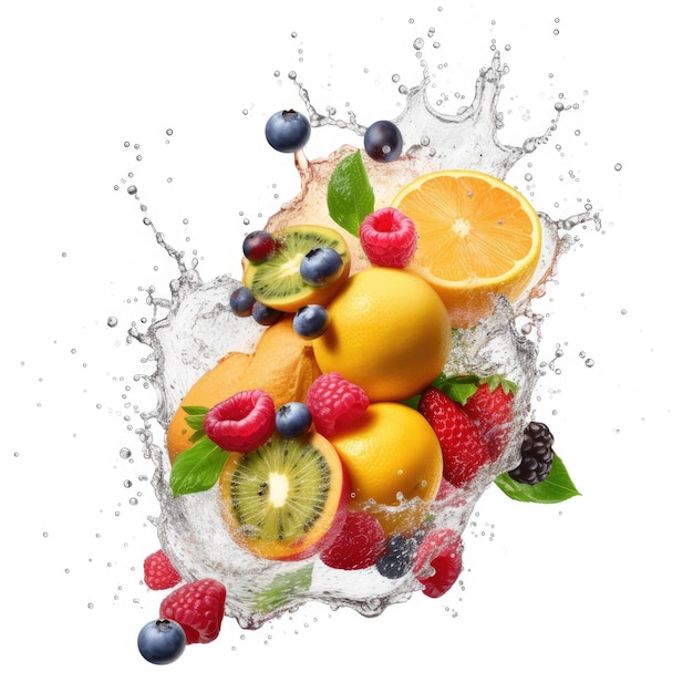 Respingo de suco de frutas com frutas voadoras