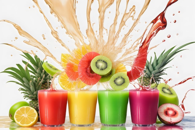 Foto respingo de suco realista ftuiys explosão composição com imagens de spray e frutas tropicais maduras em branco