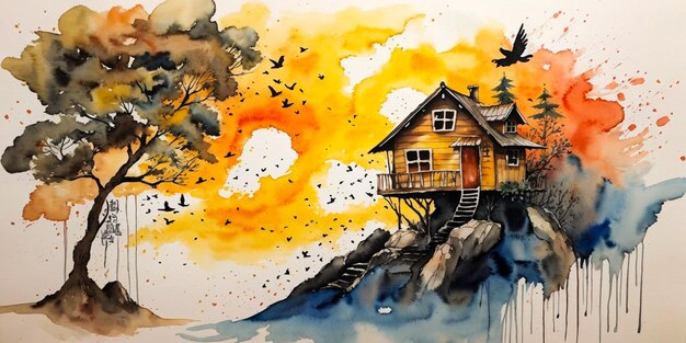 Respingo de tinta aquarela arte abstrata ilustração pintura sol montanha casa na árvore pássaro voador