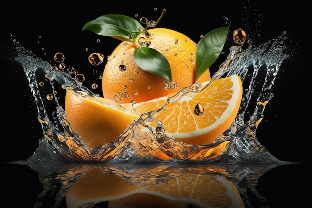 Respingo dinâmico de água com fatias de laranjaCriado usando a tecnologia Generative AI