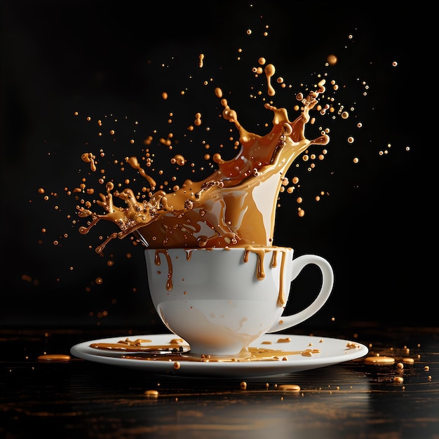 Respingo dinâmico de café congelado no tempo em torno de uma xícara branca, começo de dia energético capturado por IA