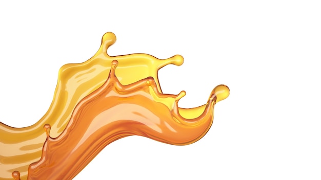 Respingo isolado de suco de laranja em um fundo branco. Ilustração 3D, renderização em 3D.
