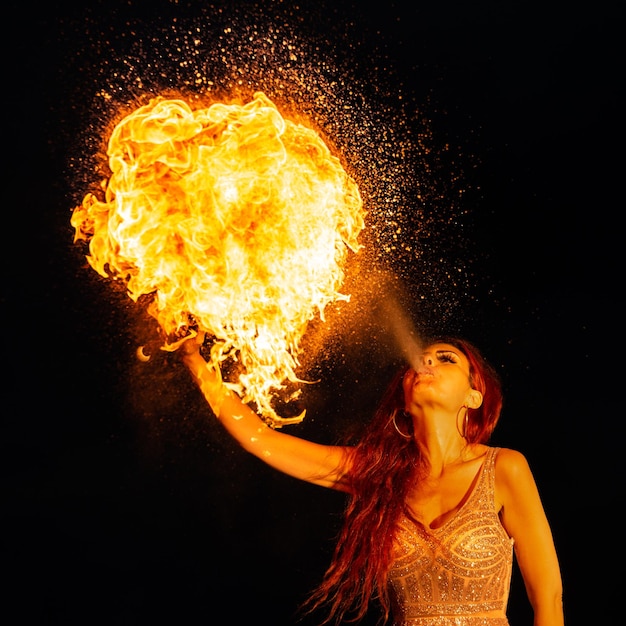 Foto respiración de fuego con donia serena en la playa persona