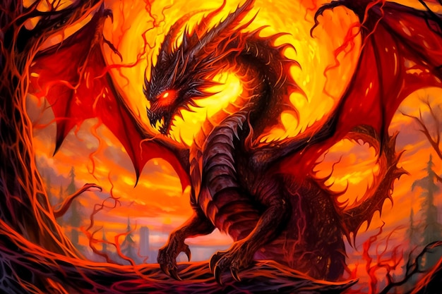 Respirações de fogo explodem de um dragão gigante em uma noite negra, a batalha épica gerada pelo mal