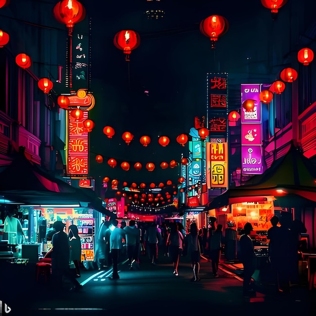 Una resplandeciente calle de Chinatown con faroles y luces de neón, gente disfrutando