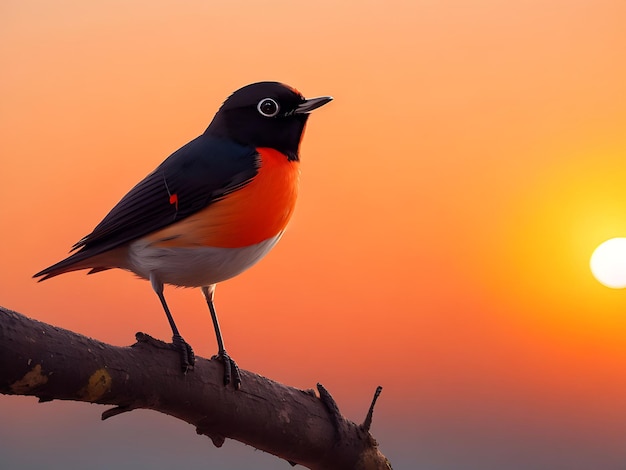 El resplandeciente colirrojo macho adornado por los cielos pintados del amanecer