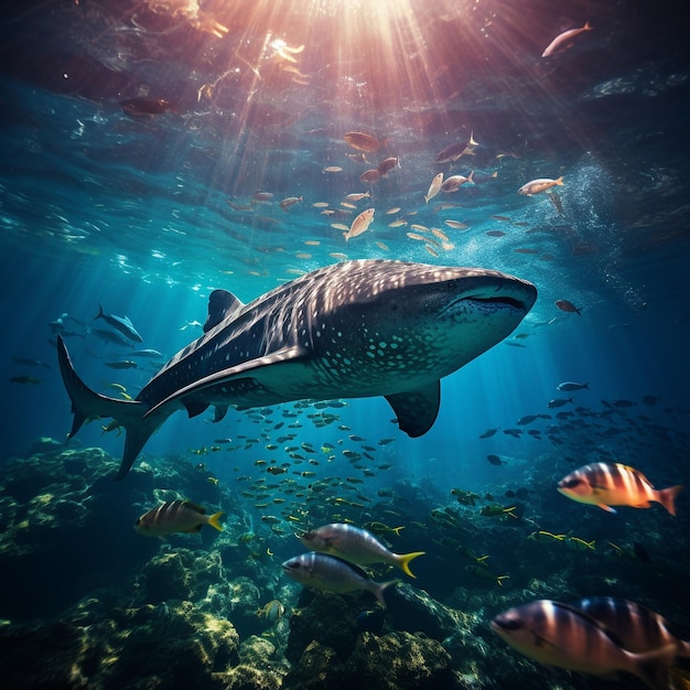 Resplandeciente escena submarina encantadora del océano con pequeños peces y ballenas