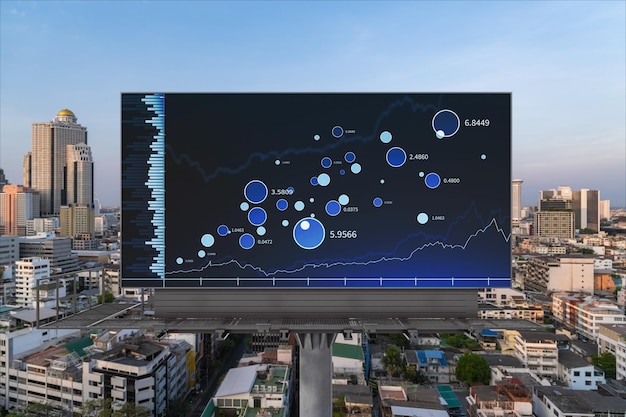 Resplandeciente holograma de gráfico FOREX en el paisaje urbano panorámico aéreo de la cartelera de Bangkok al atardecer Comercio de acciones y bonos en el sudeste asiático El concepto de gestión de fondos