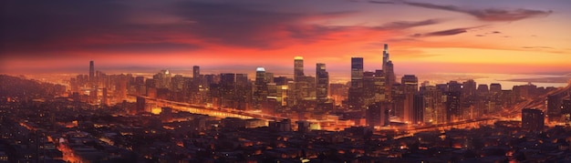 Resplandeciente horizonte de la ciudad al anochecer con un banner de puesta de sol borrosa para IA generativa web