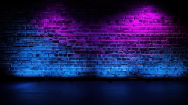 Resplandecientes luces de neón en tonos rosa púrpura y azul iluminan una pared de ladrillos negros creando un efecto dramático en la oscuridad