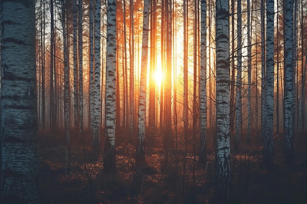 El resplandor del atardecer entre los abedules del bosque