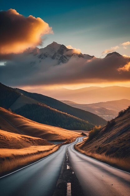 El resplandor del atardecer en un camino de montaña vacío un viaje a lo desconocido