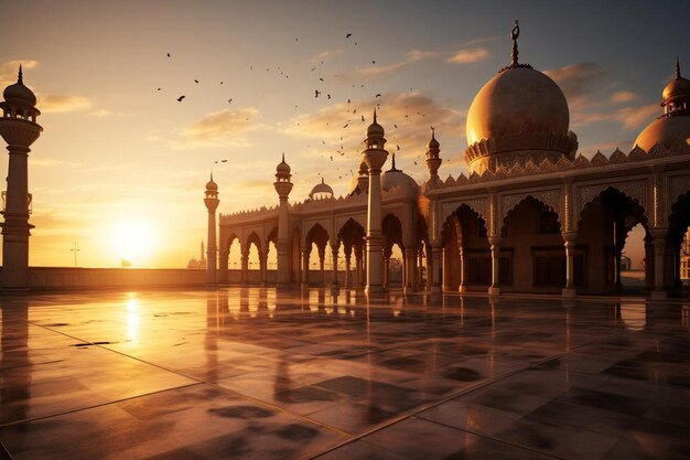 El resplandor del atardecer en la fachada y los minaretes de las mezquitas