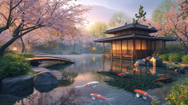 El resplandor del atardecer en un pacífico pabellón japonés por un estanque de Koi