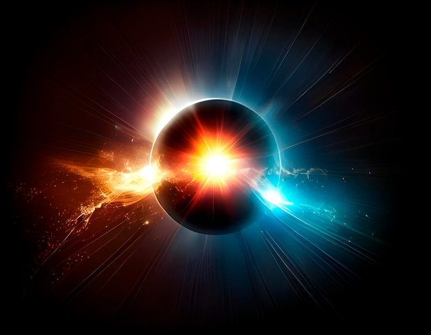 Resplandor brillante y luz el efecto de una lente en el espacio sobre un fondo negro