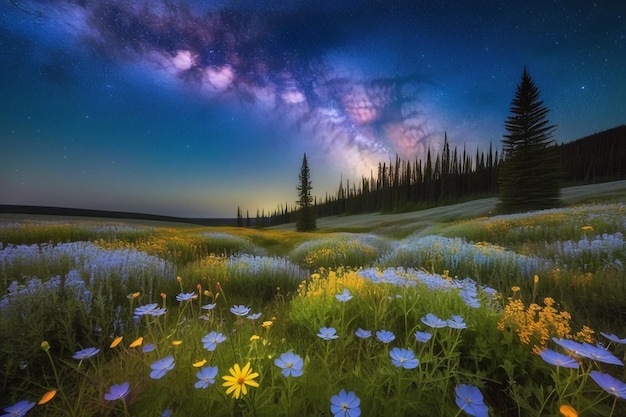 Foto el resplandor celestial sobre el campo de flores silvestres una escena mágica y surrealista