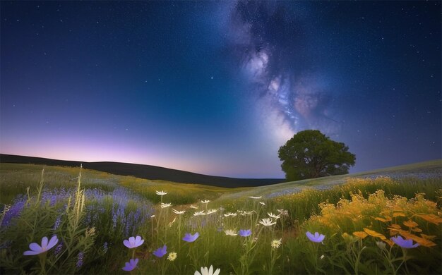 Foto el resplandor celestial sobre el campo de flores silvestres una escena mágica y surrealista