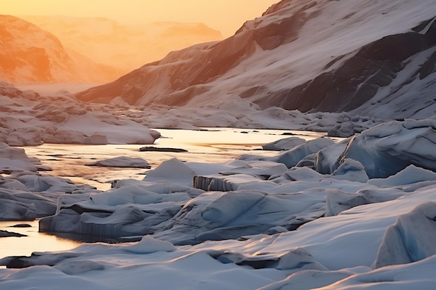 Resplandor glacial luz del atardecer en paisajes helados foto de invierno