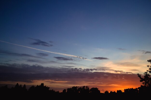 El resplandor de la mañana ilumina las nubes en un hermoso cielo de colores por encima de las siluetas de los árboles