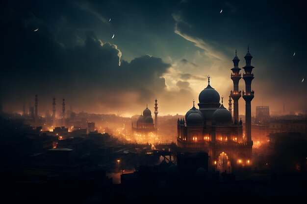 El resplandor de la mezquita en la luz de la luna del cielo de medianoche