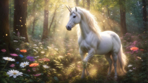 Resplandor místico El encantamiento de un unicornio blanco en el bosque luminoso