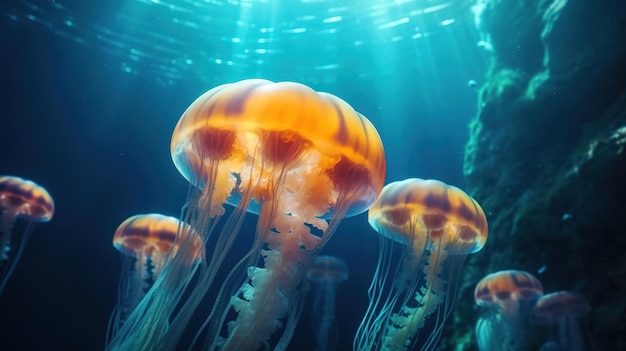 Resplandor místico oceánico que encanta a las medusas en el mundo submarino IA generativa