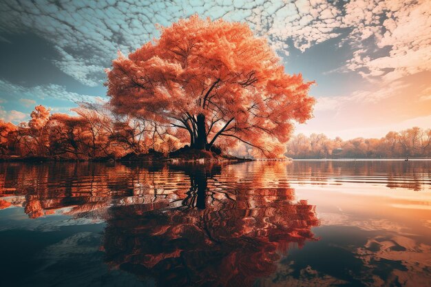 El resplandor de la orilla del lago El espejo del follaje ardiente