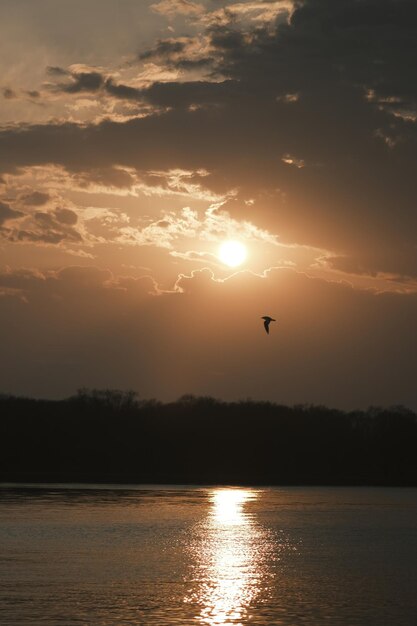 Foto el resplandor de la puesta de sol sobre el lago