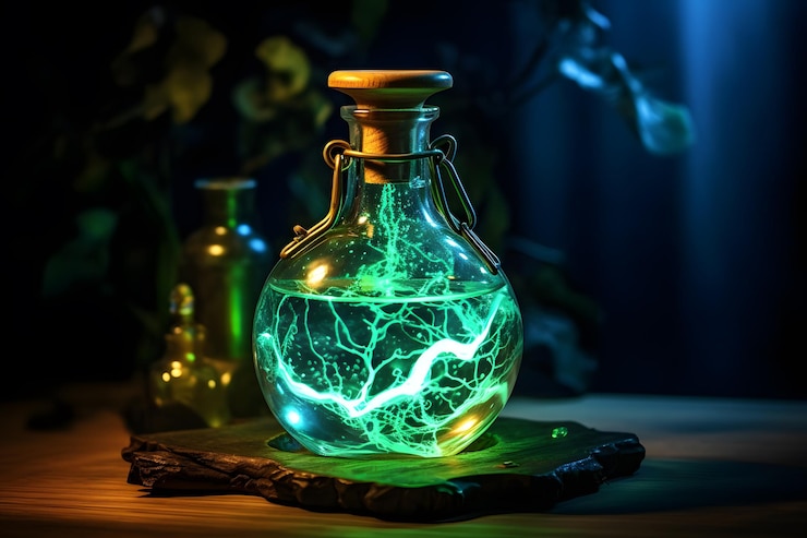 Foto el resplandor radiante del frasco y la botella de poción de un alquimista