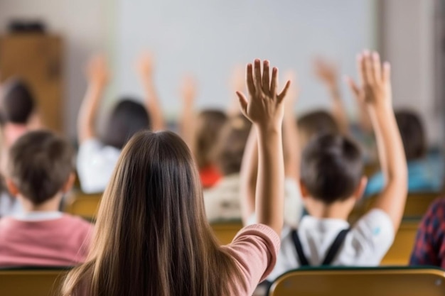 respondiendo y los niños levantando la mano en clase para una pregunta.