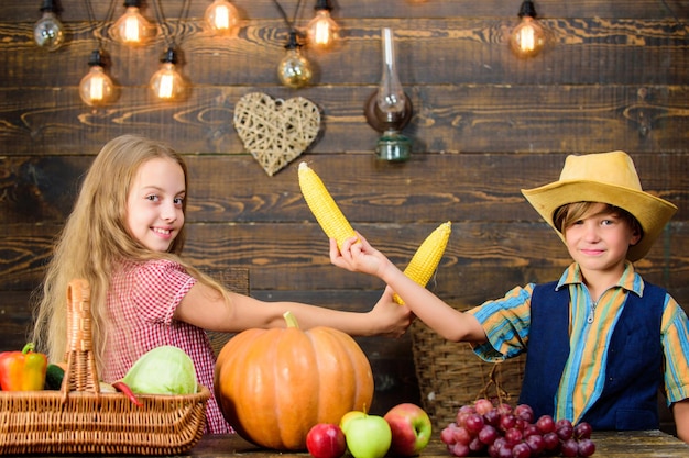 Responsable de las tareas agrícolas diarias. Niños agricultores niña niño verduras cosecha. Niños que presentan fondo de madera de la cosecha de la granja. Granja de la familia. Razones por las que todos los niños deberían experimentar la agricultura.