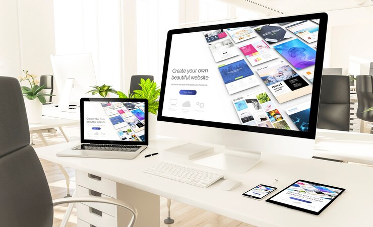Foto responsive geräte mit responsive builder-website im loft-büro. 3d-rendering