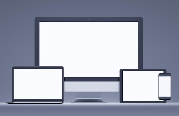 Responsive Mockup White Screen Monitor Laptop Smartphone Tablet auf dem grauen Hintergrund 3D-Rendering