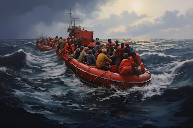 Respuesta humanitaria Ilustración de un bote salvavidas que rescata a inmigrantes africanos ilegales en Europa