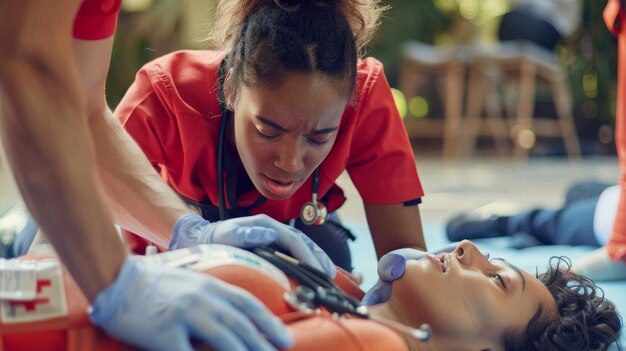 Foto respuesta de primeros auxilios trabajador sanitario en acción