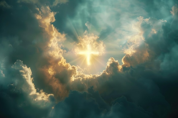 Ressurreição Luz Forma de Cruz nas Nuvens Jesus Ressuscitado Ascende ao Céu Escena