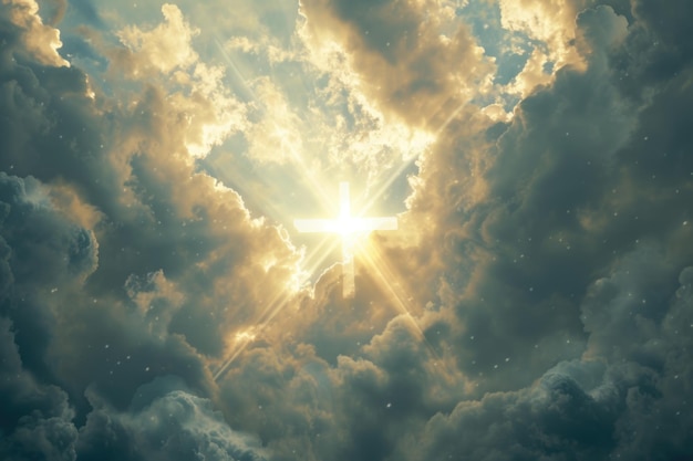 Ressurreição Luz Forma de Cruz nas Nuvens Jesus Ressuscitado Ascende ao Céu Escena