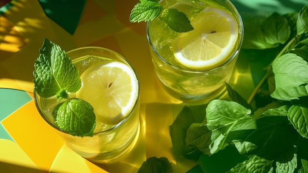 Restabelecendo as bebidas de verão em copos perolados com verde limpa a base de ladrilhos amarelos com sombras de sangue frio Recurso criativo gerado por IA