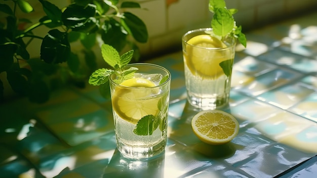 Restabelecendo as bebidas de verão em copos perolados com verde limpa a base de ladrilhos amarelos com sombras de sangue frio Recurso criativo gerado por IA