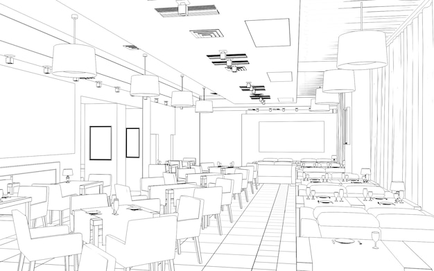 Restaurant 3D-Illustration Skizze Umriss