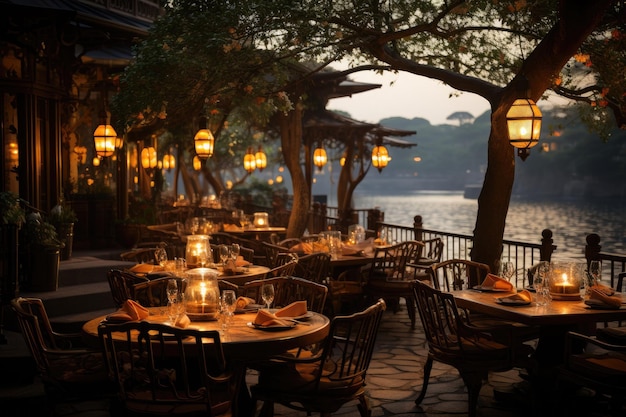 Restaurant am Flussufer mit romantischem Blick auf Kerzen Inspirationsideen