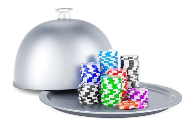 Restaurant-Cloche mit Casino-Token 3D-Rendering